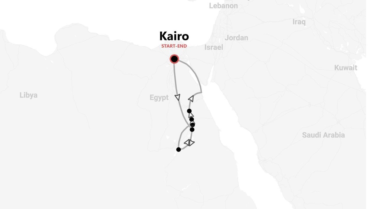 Ägypten Reiseroute: Eine Karte mit Start und Ziel in Kairo und einer südlichen Rundreise.