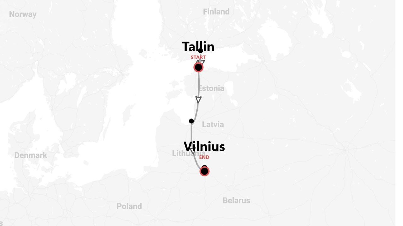 Eine Karte einer Reiseroute, die in Tallinn, Estland, beginnt, durch Lettland führt und in Vilnius, Litauen, endet.