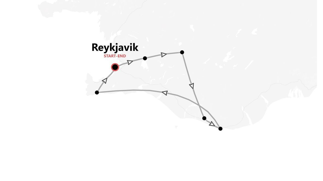 Eine Karte mit einer Reiseroute für eine Islandreise, die in Reykjavík beginnt und endet.