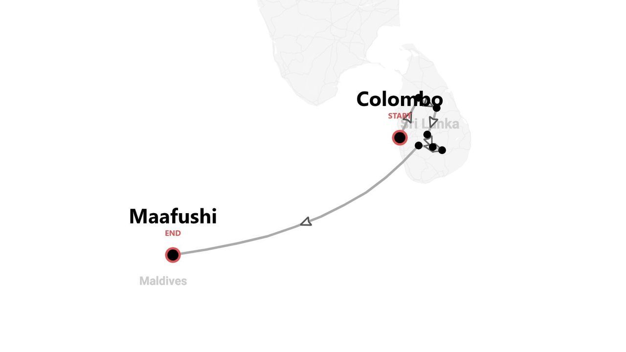A map showing a travel itinerary from Colombo, Sri Lanka to Maafushi, Maldives, with multiple stops indicated along the route.