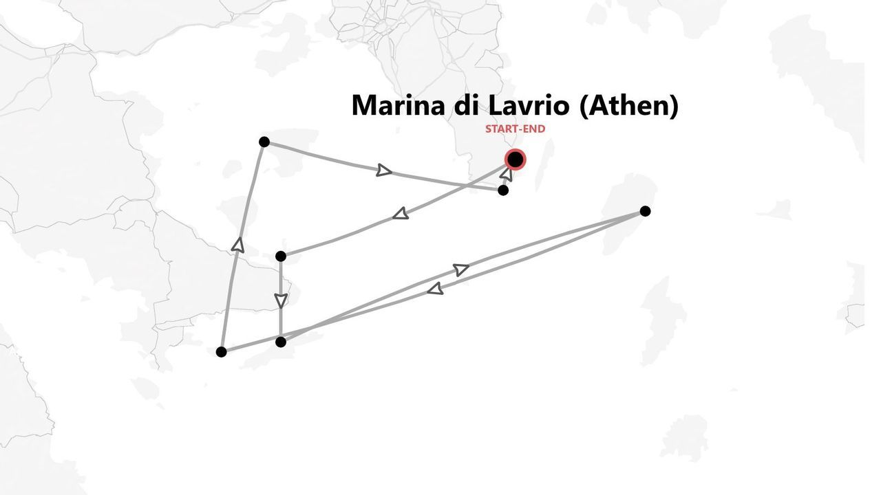 Karte einer Reiseroute mit Start und Ziel in Marina di Lavrio, Athen, die den Verlauf mit Linien und Punkten zeigt.