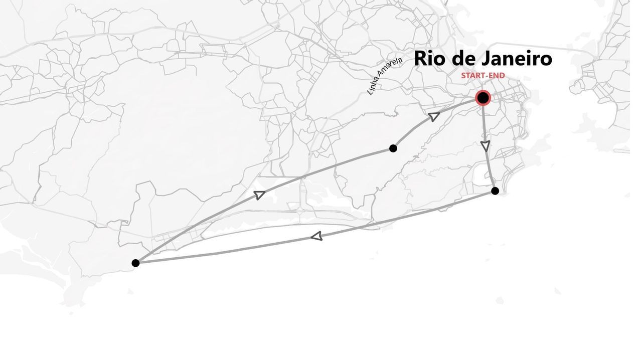 Une carte stylisée de Rio de Janeiro détaillant un itinéraire de voyage avec des points de repère et des flèches, débutant et se terminant au même endroit central.