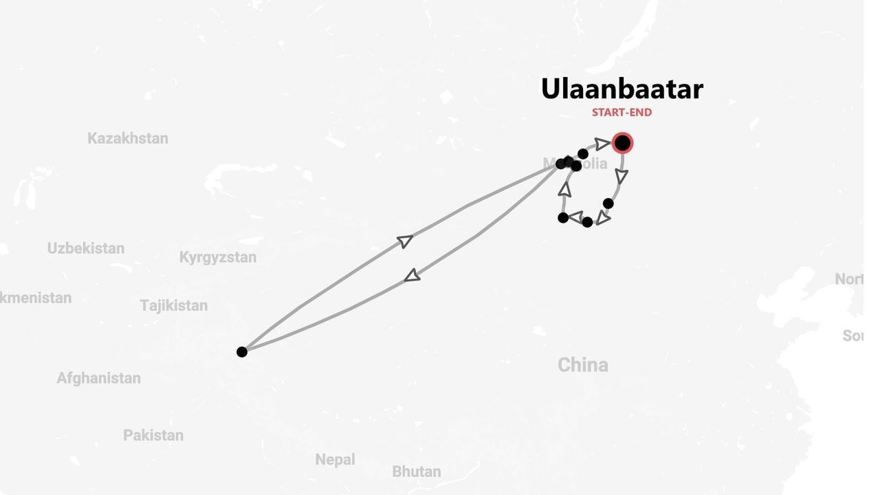 A map showing a travel itinerary across Asia, starting and ending in Ulaanbaatar, Mongolia, with a path extending into Central Asia.