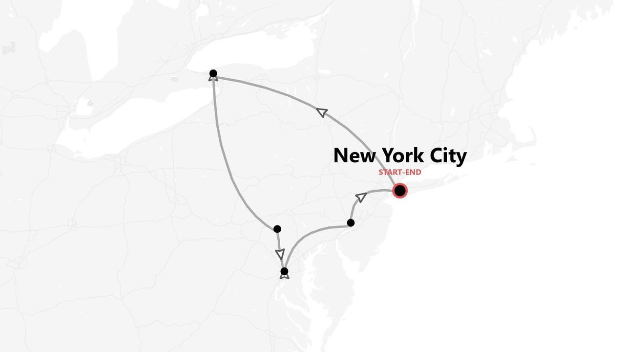 A stylized map showing a looping travel itinerary starting and ending in New York City, with points along the route.