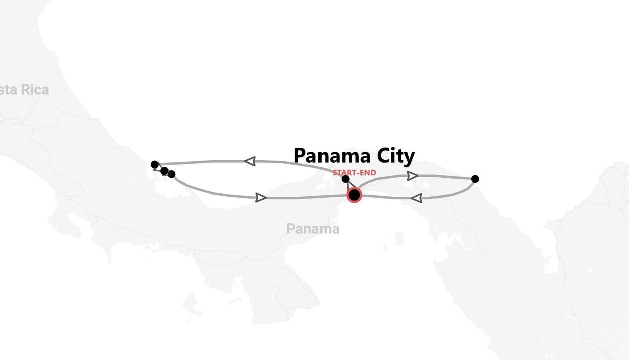 Carte d'un itinéraire de voyage circulaire au Panama, avec départ et arrivée à Panama City, et une extension vers le Costa Rica.