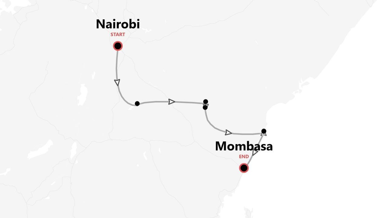A map illustrating a travel route starting in Nairobi and ending in Mombasa, with waypoints along the path.