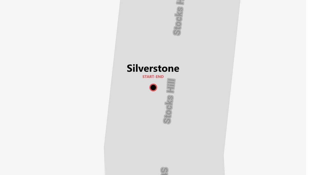 A map showing the start and end point for a route in Silverstone, located on a road named Stocks Hill.