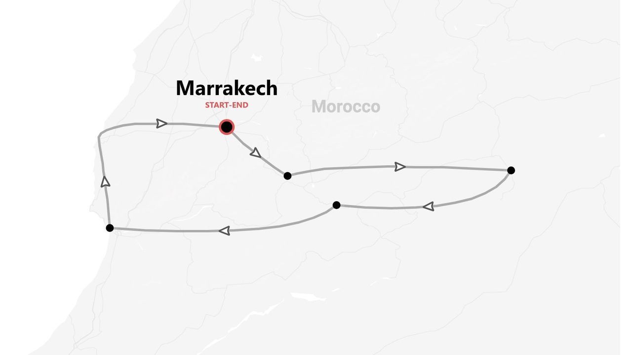 A map showing a tour itinerary in Morocco, starting and ending in Marrakech.