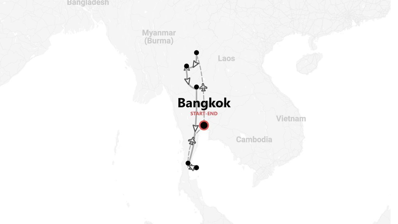 A map showing a tour itinerary through Thailand, starting and ending in Bangkok.
