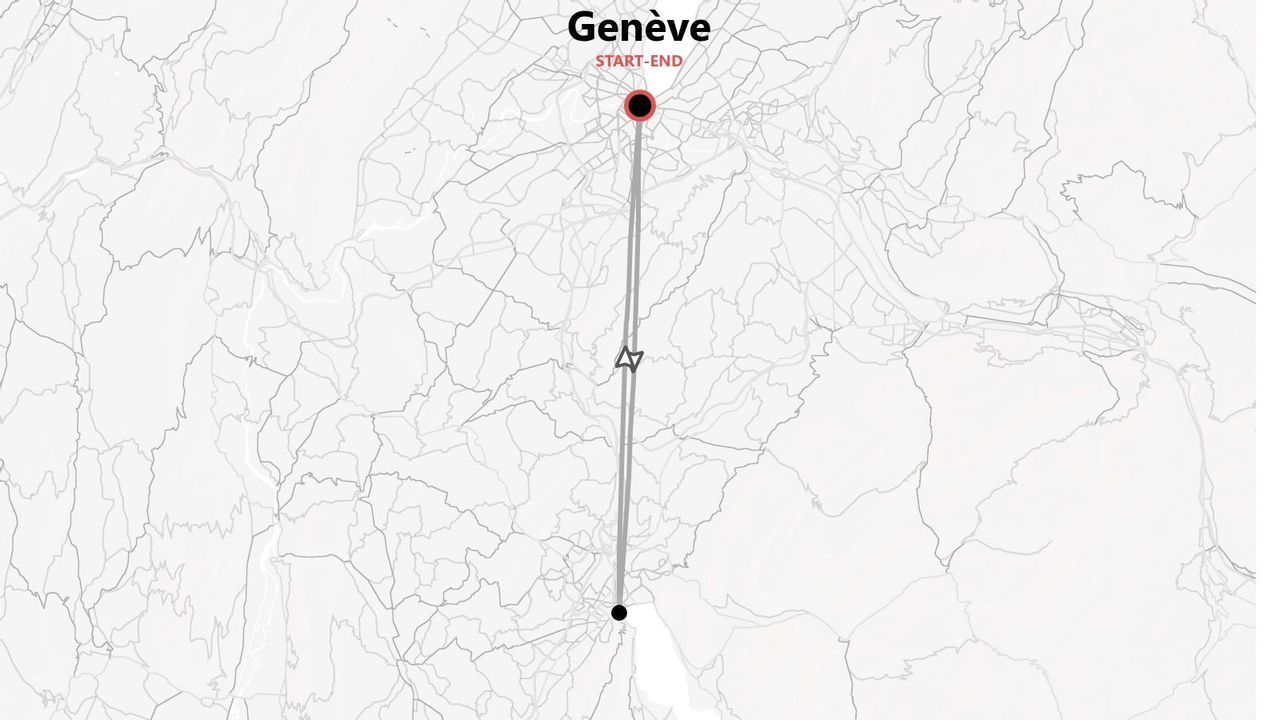 Une carte minimaliste montrant un itinéraire aller-retour depuis Genève, indiqué par une épingle rouge et l'étiquette 'DÉBUT-FIN'.