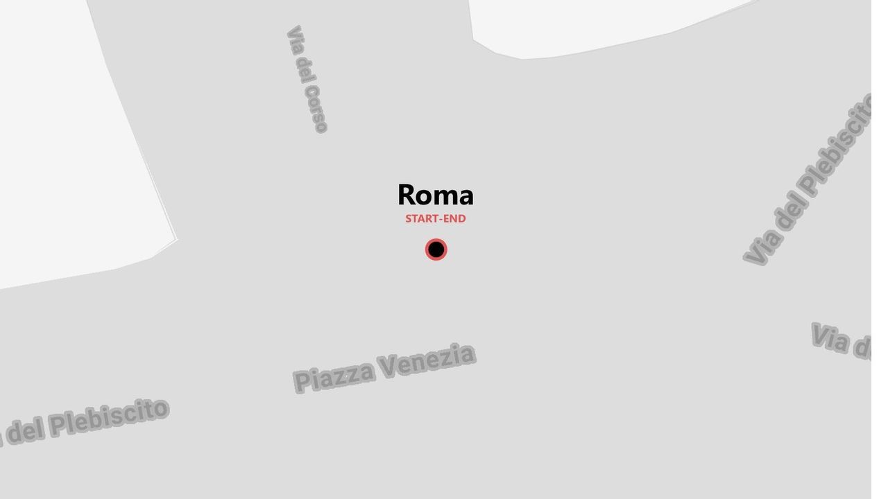 Un mapa estilizado de Roma con un punto de partida y llegada en Piazza Venezia, cerca de Via del Corso y Via del Plebiscito.