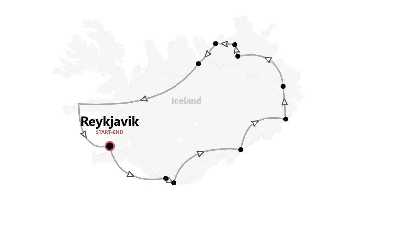 Eine Karte von Island, die eine Rundreise zeigt, die in Reykjavík beginnt und endet.