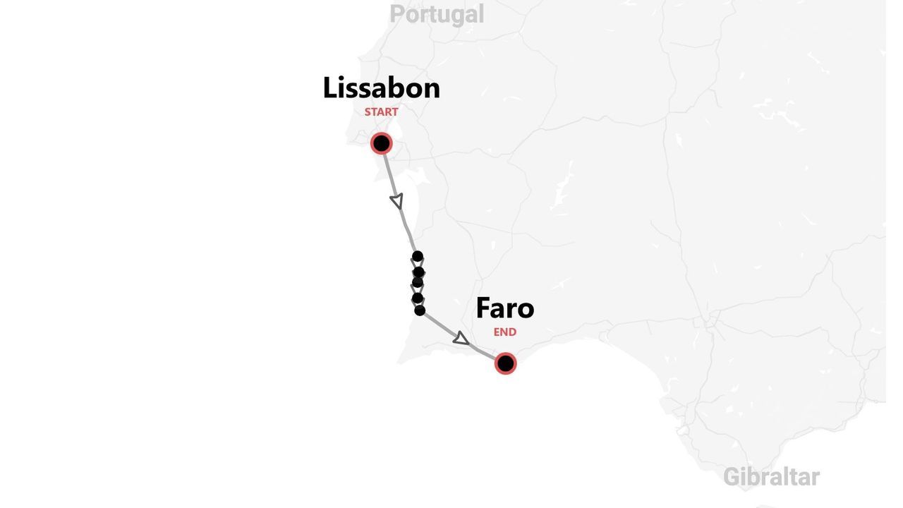 Eine Karte Portugals, die eine Reiseroute von Lissabon bis Faro zeigt.