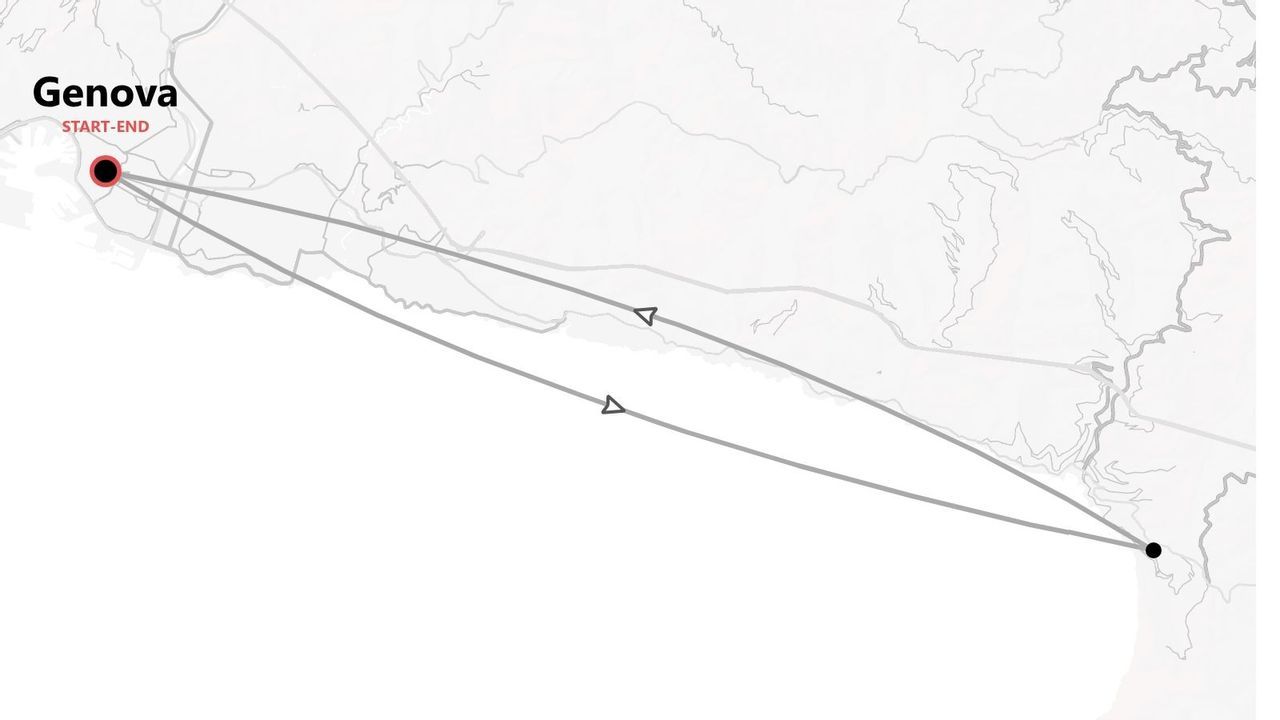 A map showing a travel itinerary that starts and ends in Genova, with the route indicated by lines and arrows.
