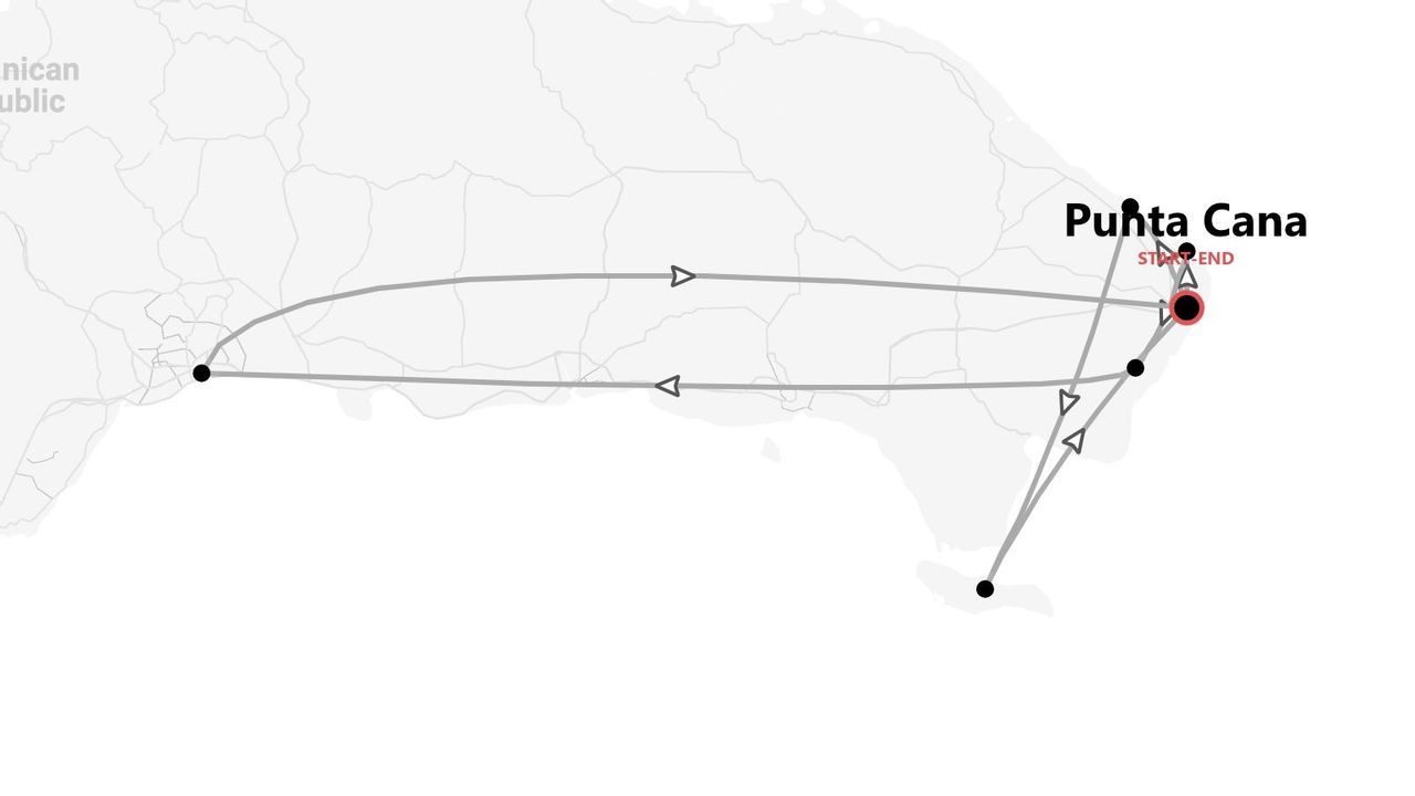 Mappa della Repubblica Dominicana: itinerario con partenza e arrivo a Punta Cana.