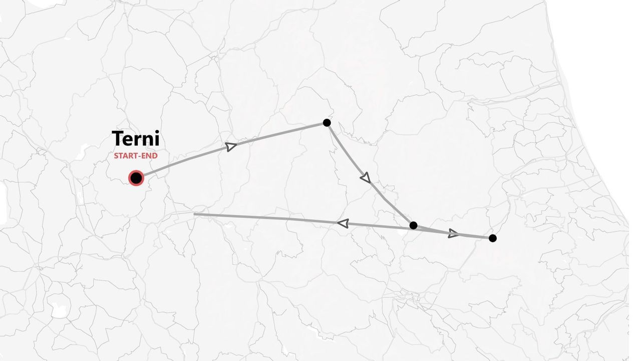 Una mappa che illustra un itinerario turistico circolare con varie tappe, con partenza e arrivo a Terni.