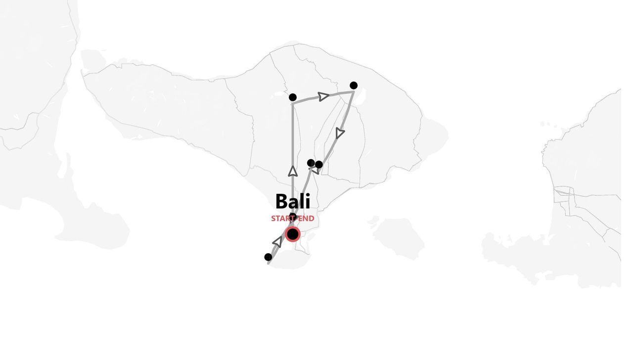Eine minimalistische Graustufenkarte mit einer Bali-Reiseroute, markierten Stopps und hervorgehobenem Start-/Endpunkt.