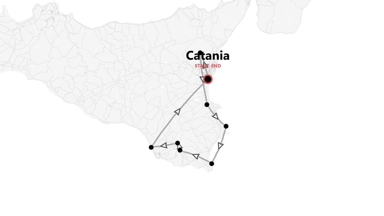 Eine Karte einer Rundreise durch Ostsizilien, mit Start und Ziel in Catania.