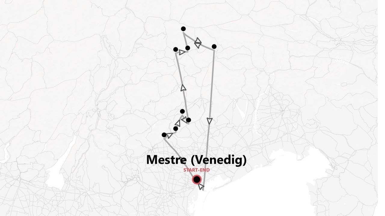 Karte einer Reiseroute mit Wegpunkten, Start und Ziel in Mestre (Venedig).