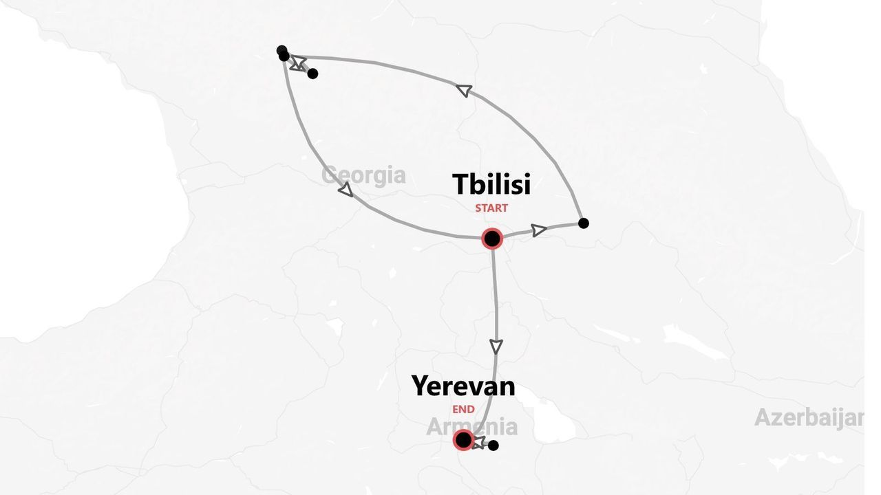 A map illustrating a travel route that starts in Tbilisi, Georgia, loops through the country, and ends in Yerevan, Armenia.