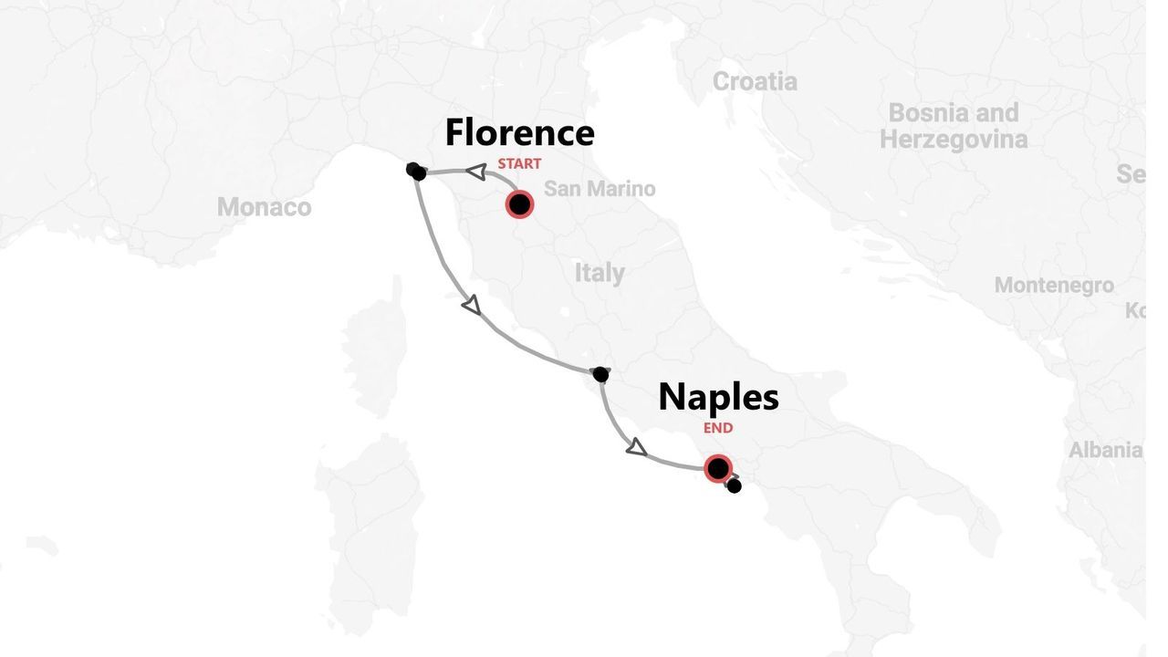 A map of Italy showing a travel itinerary with a start in Florence and an end in Naples, with the route highlighted.
