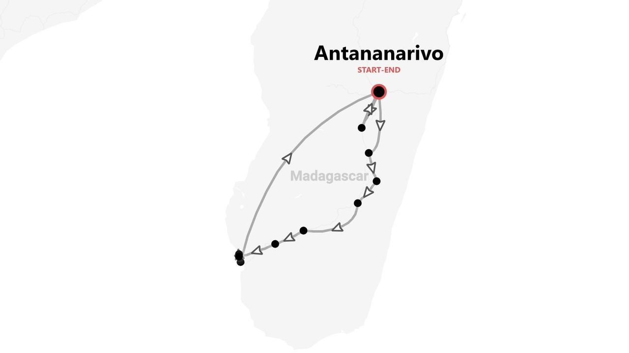 A map of Madagascar showing a tour itinerary that starts and ends in Antananarivo.