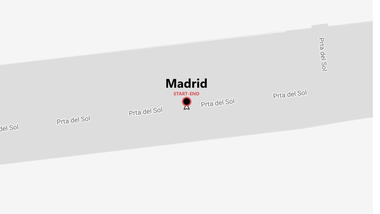 A stylized map of Madrid showing a start-end point on the street labeled Prta del Sol.