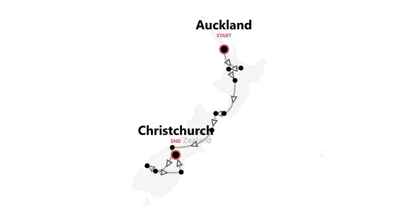 Una mappa che mostra un itinerario di viaggio attraverso la Nuova Zelanda, con inizio ad Auckland e termine a Christchurch.