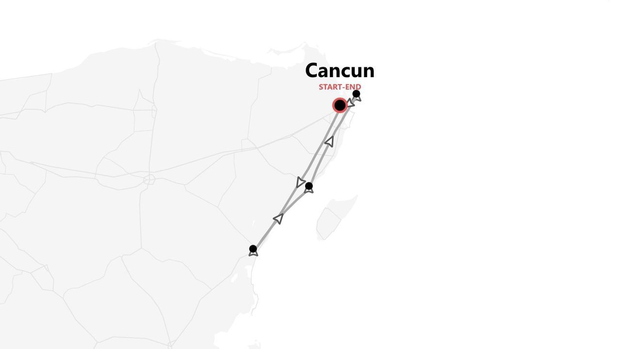A simplified map showing a tour route with several stops, starting and ending in Cancun.