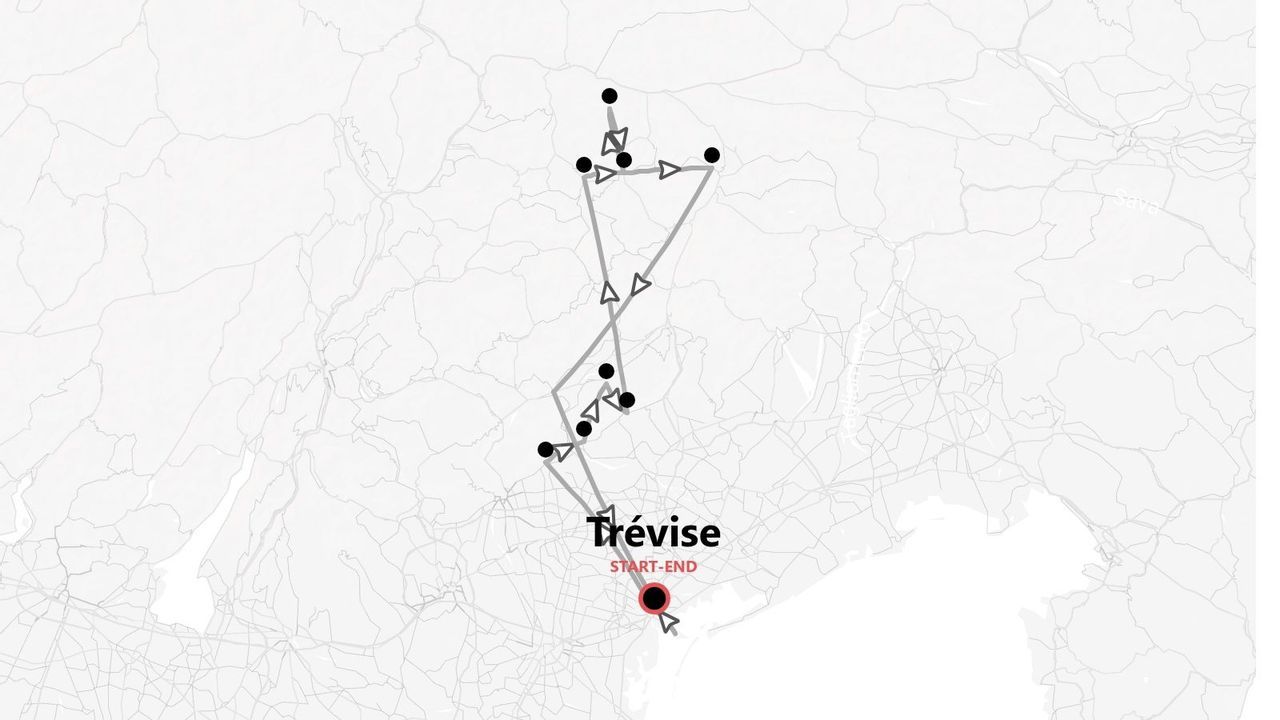 Une carte montrant un itinéraire de circuit avec plusieurs arrêts, commençant et se terminant à Trévise.