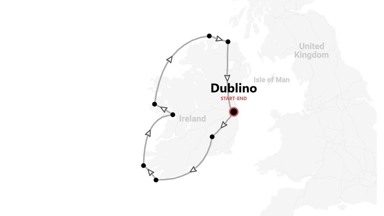 Una mappa che mostra un itinerario di viaggio in Irlanda, con partenza e arrivo a Dublino, e Regno Unito e Isola di Man visibili.