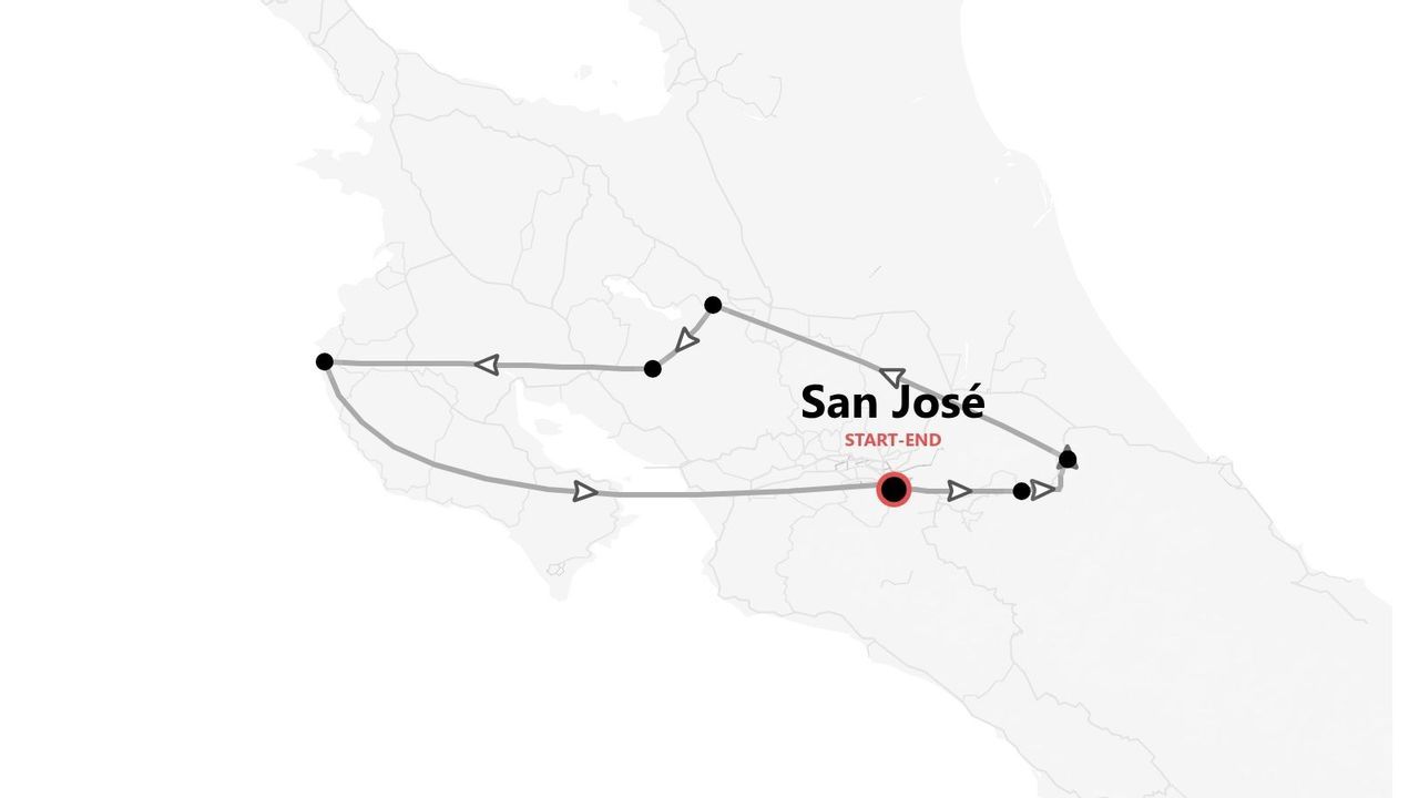 Mappa stilizzata di un percorso turistico in Costa Rica, che mostra un itinerario ad anello che inizia e finisce a San José.