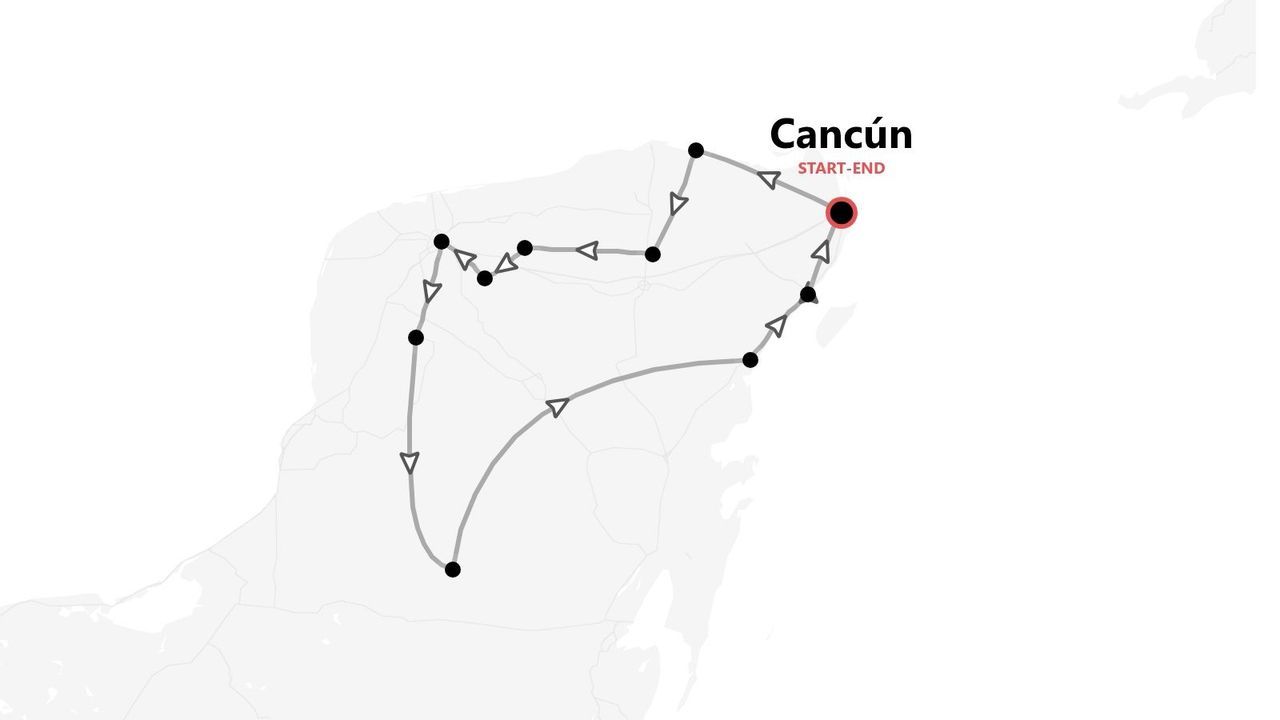 Carte d'un circuit en boucle à Cancún avec points d'intérêt.
