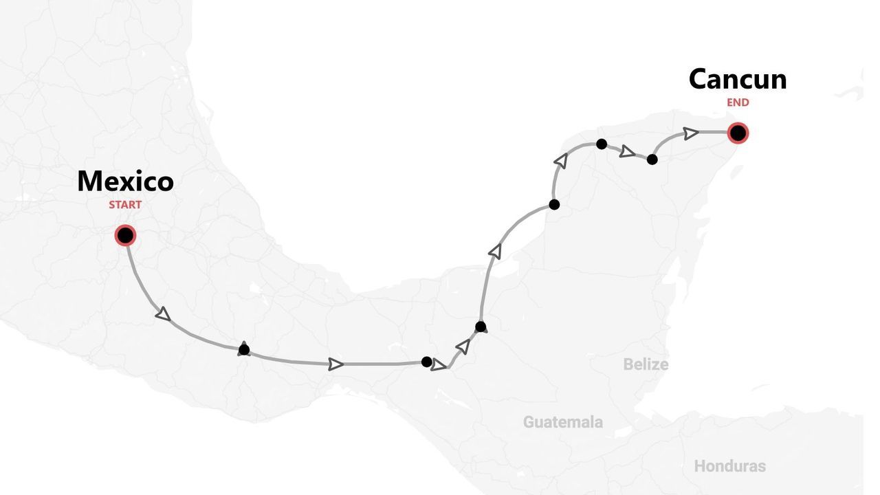 Une carte présentant un itinéraire de voyage commençant au Mexique et se terminant à Cancun, avec plusieurs arrêts indiqués le long du parcours.