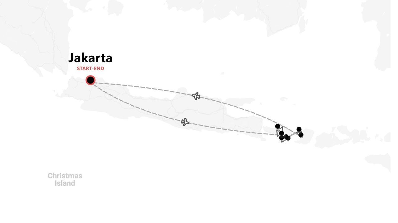 Carte illustrant un itinéraire de voyage à travers les îles indonésiennes, avec Jakarta comme point de départ et d'arrivée, montrant les trajets aériens.