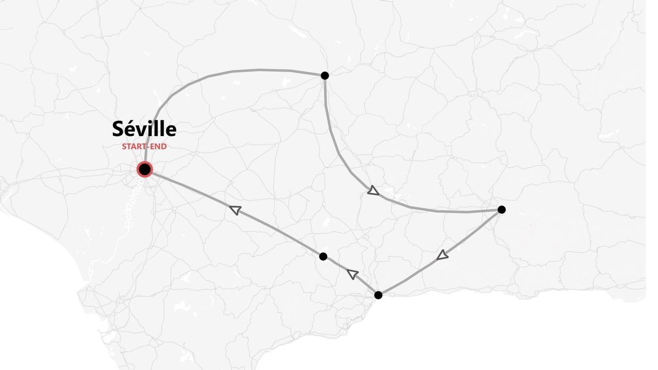 Une carte en niveaux de gris montrant un itinéraire de voyage qui commence et se termine à Séville, Espagne, avec le parcours marqué par une ligne et des points.