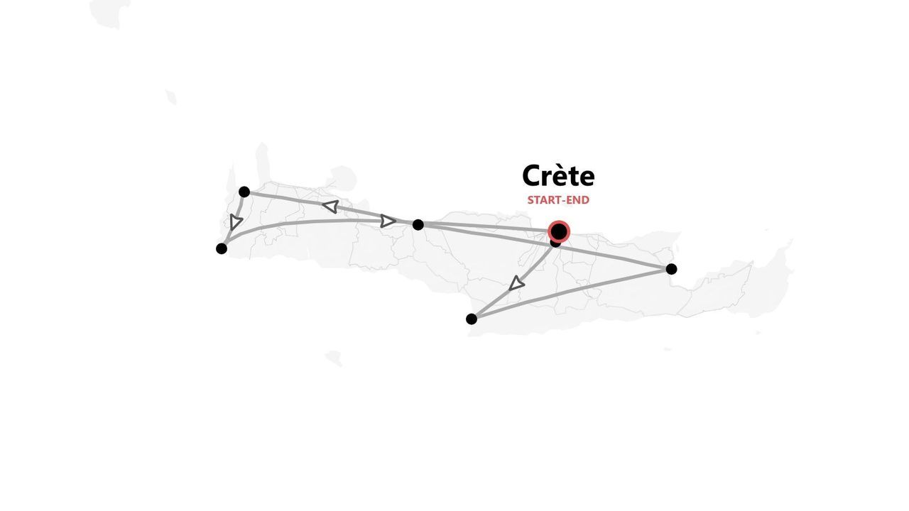 Carte de la Crète avec itinéraire de voyage, étapes multiples et points de départ/arrivée.