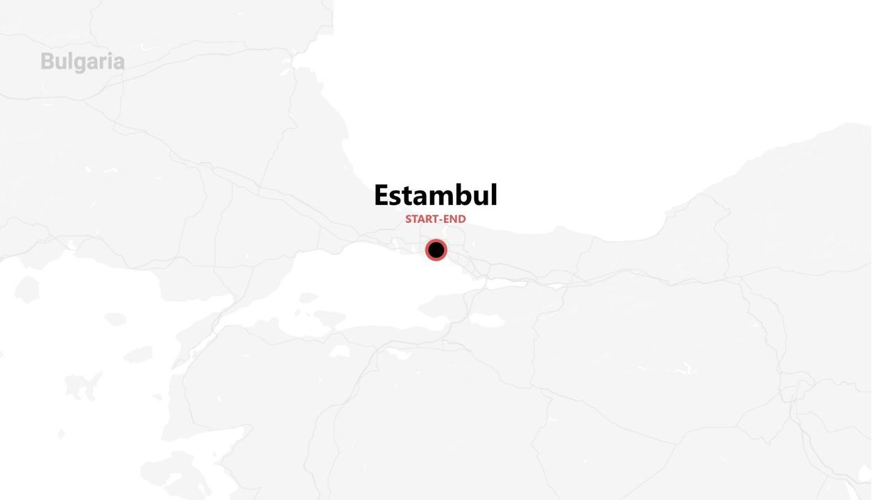Un mapa minimalista que ilustra una ruta con inicio y fin en Estambul. Bulgaria es visible al noroeste.