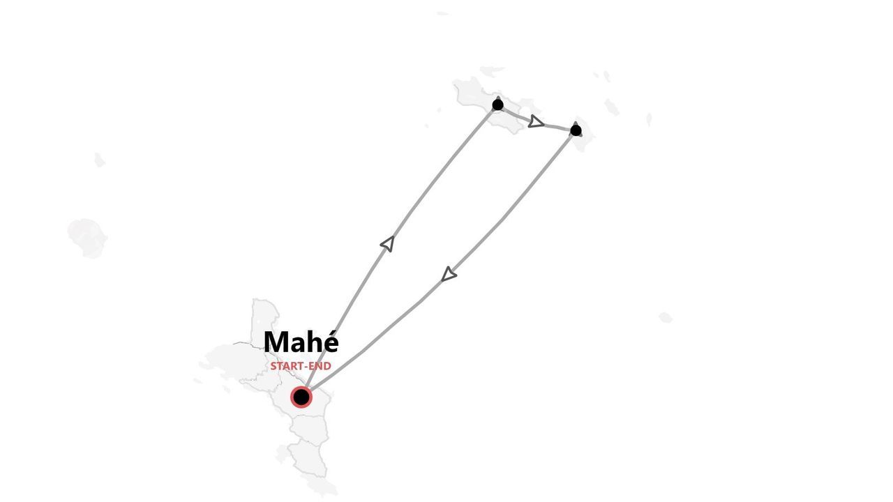 Mappa di un itinerario di viaggio con partenza e arrivo a Mahé e tappe su altre due isole.