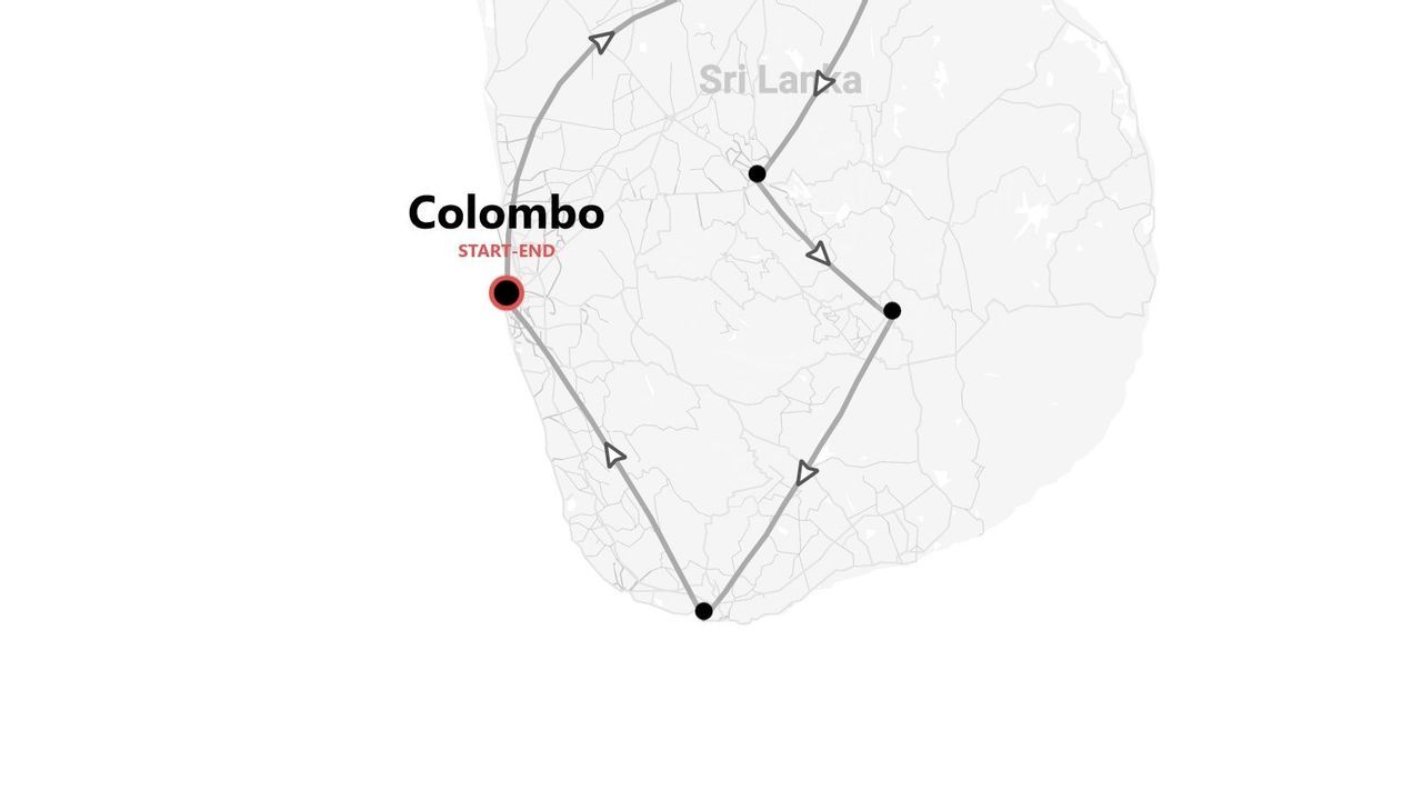 A map of Sri Lanka showing a travel itinerary that starts and ends in Colombo.