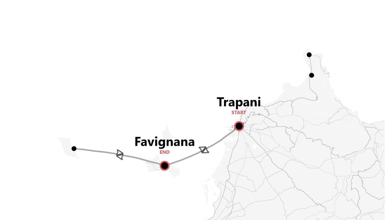 Una mappa che mostra un itinerario di viaggio con un punto di partenza a Trapani e un punto di arrivo a Favignana.