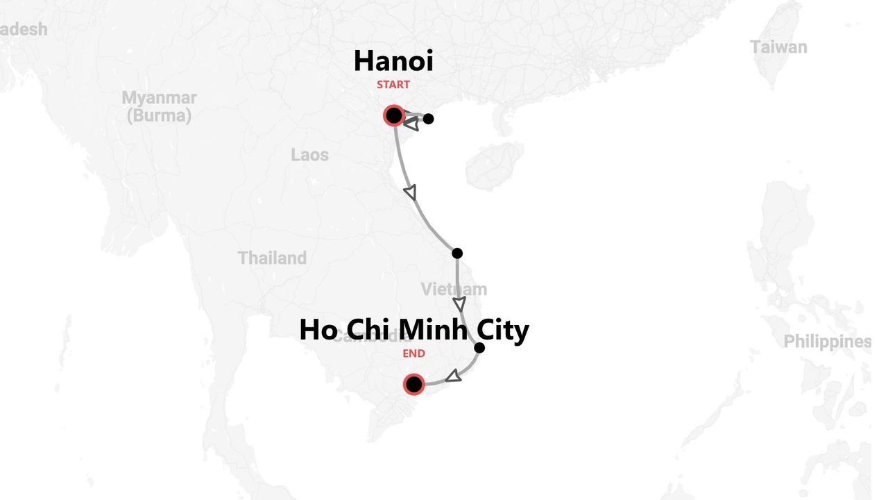 Mappa di un itinerario in Vietnam, con partenza da Hanoi e arrivo a Ho Chi Minh City.