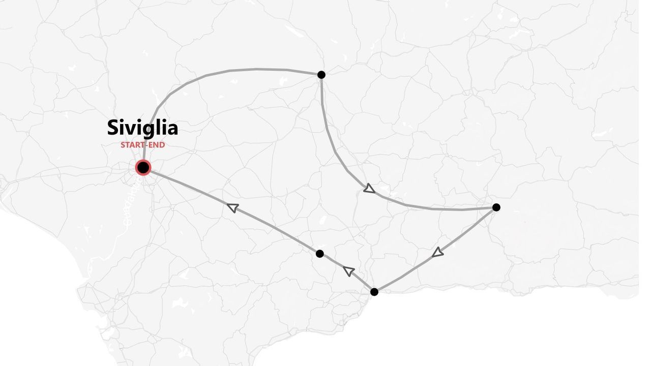 Mappa di un itinerario di viaggio con partenza e arrivo a Siviglia, evidenziata da un punto rosso.