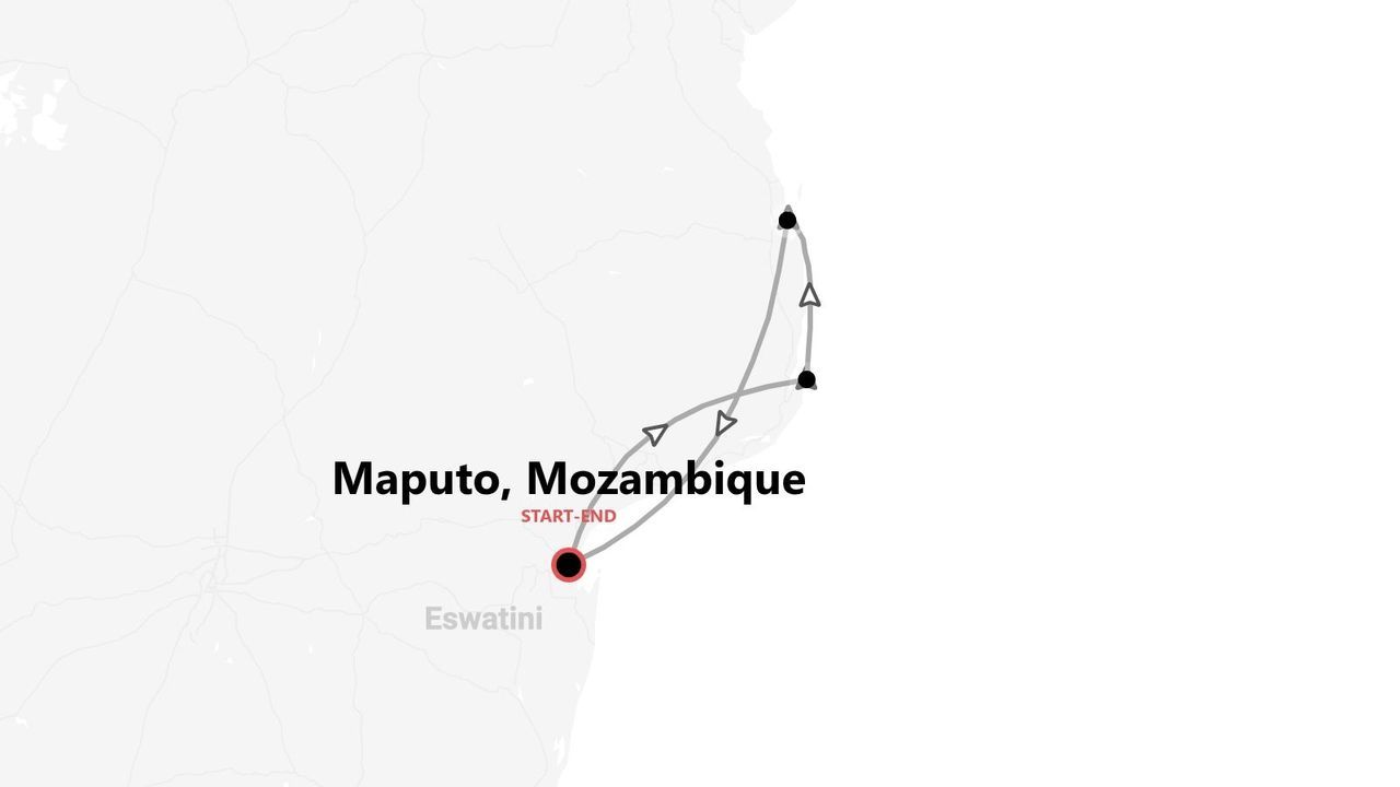 A minimalist map showing a round-trip travel itinerary starting and ending in Maputo, Mozambique, with Eswatini also visible.