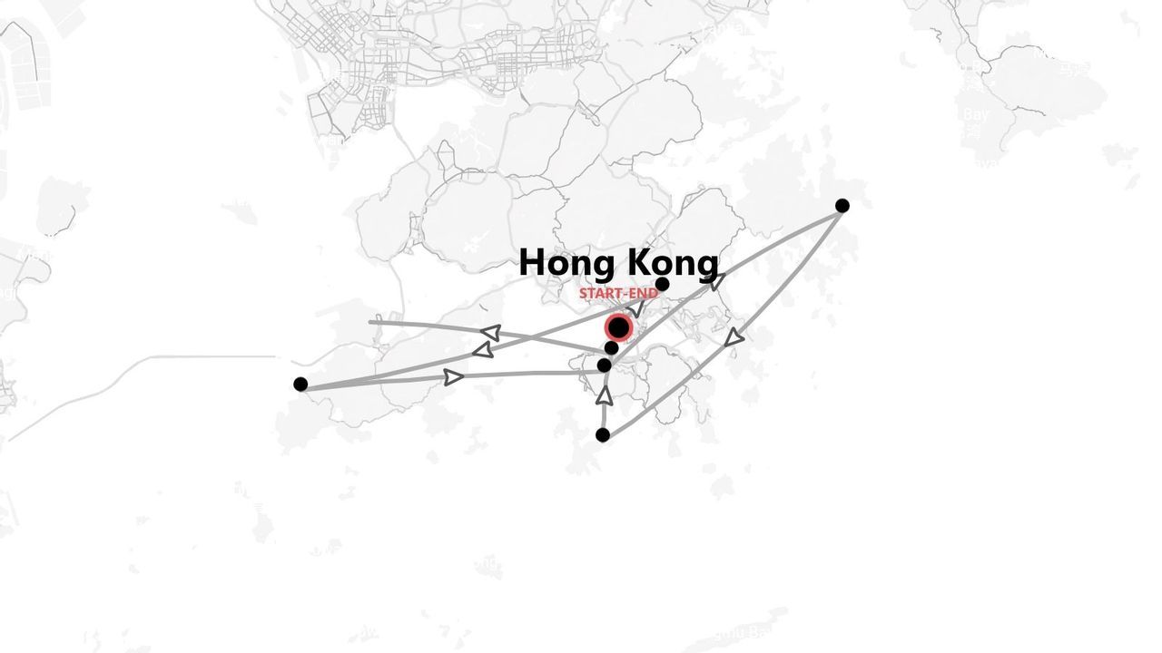 A travel itinerary map of Hong Kong showing a route with a start and end point and multiple stops.