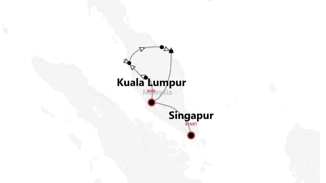 Eine Karte, die eine Reiseroute von Singapur nach Kuala Lumpur, Malaysia, mit eingezeichneten Zwischenstopps zeigt.