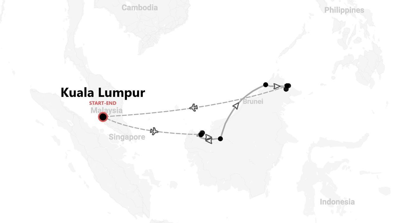 Eine Karte mit einer Reiseroute in Malaysia, die in Kuala Lumpur beginnt und endet und die Insel Borneo umfasst.