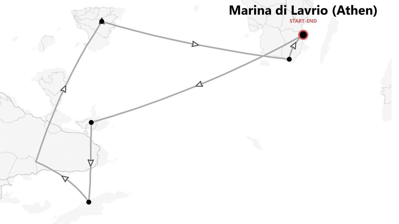 Eine Karte, die eine Reiseroute darstellt. Die durch Linien und Punkte markierte Route beginnt und endet in Marina di Lavrio, Athen.