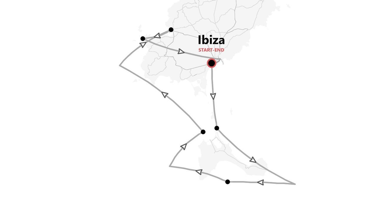 Eine Karte einer Reiseroute für eine Rundreise um die Insel Ibiza, mit markierten Start- und Endpunkten.