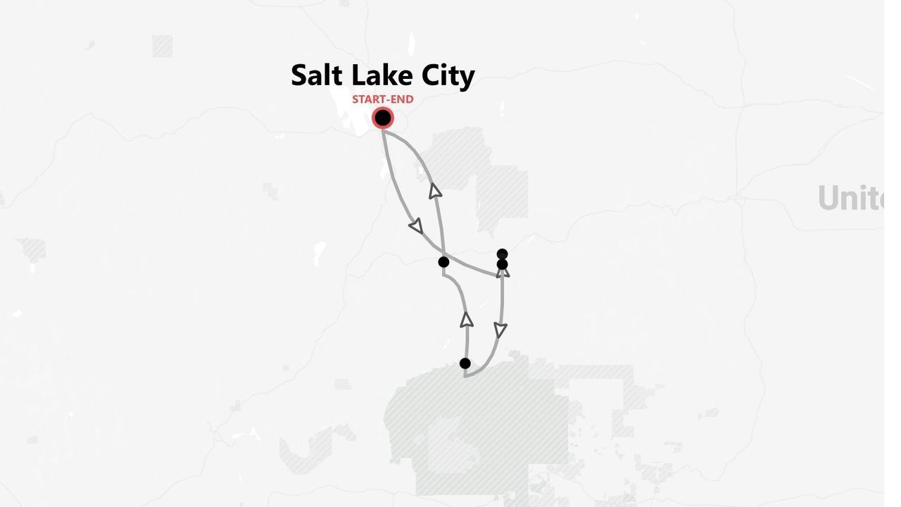 A map showing a travel itinerary that starts and ends in Salt Lake City, with several stops indicated along the route.